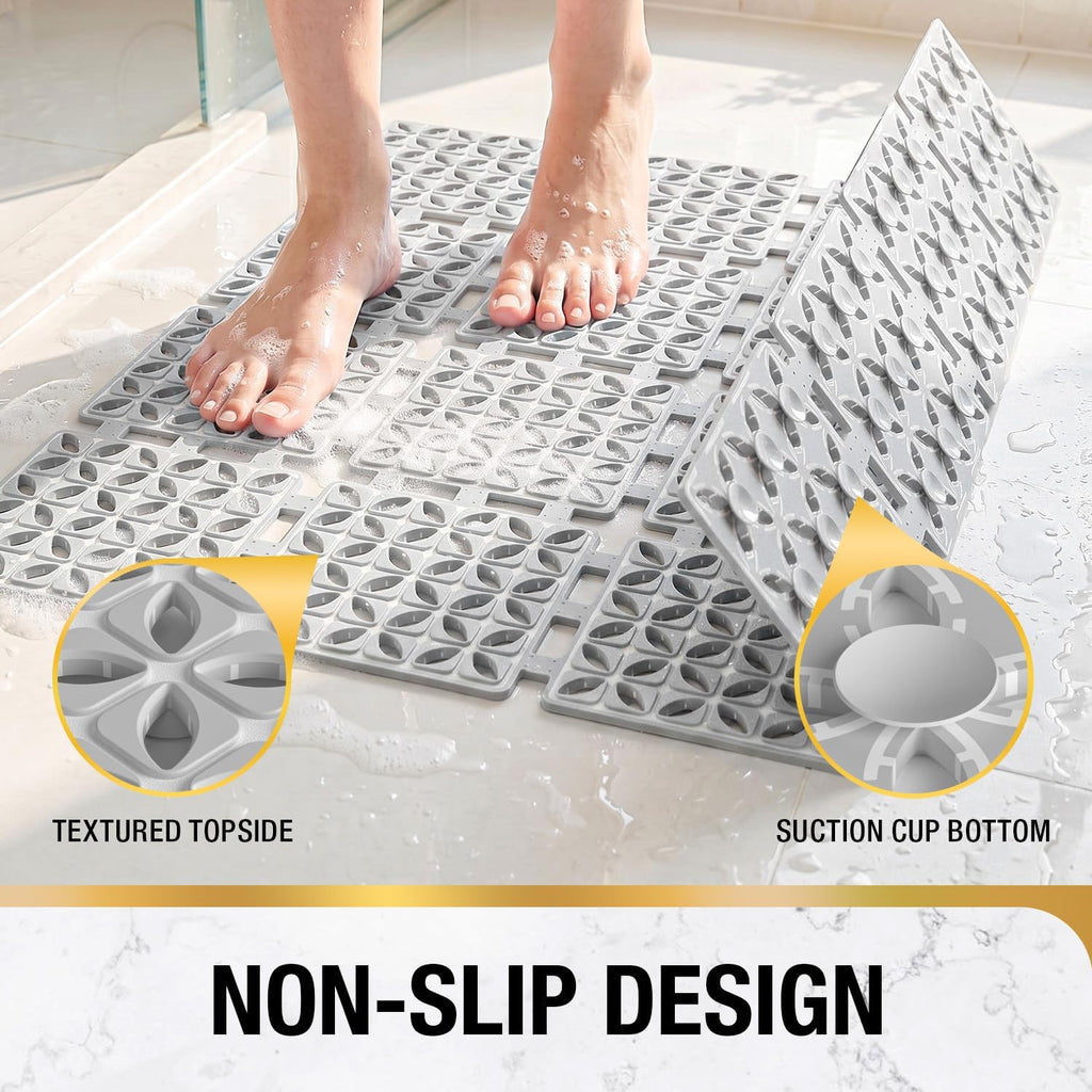 HITSLAM Shower Mat Anti Slip, 24x24 Inch Cut to Fit No Odor Soft TPE Shower Stall Mat, Square Bath Mat with Suction Cups and Drain Holes, Soft on Feet, Grey