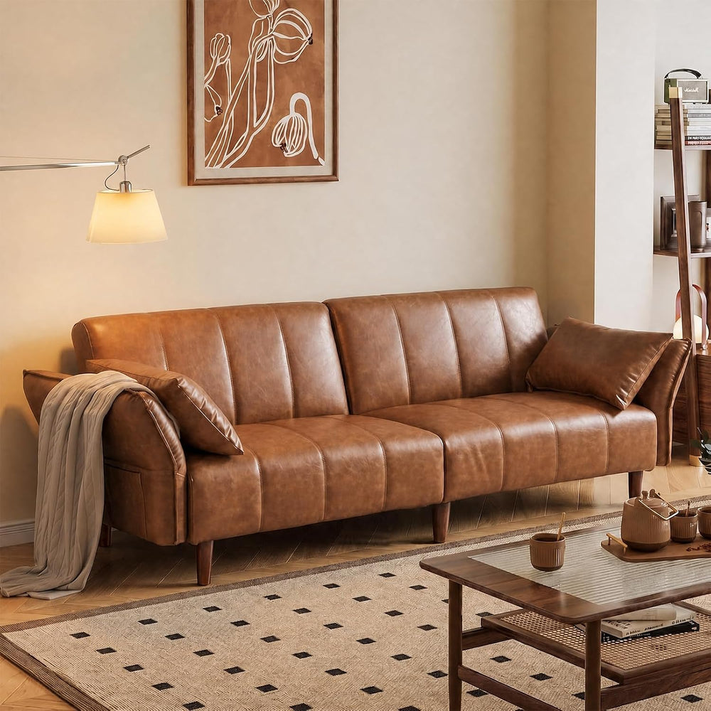 77" Faux Leather Couch, Leather Loveseat Futon Sofa Bed, Brown