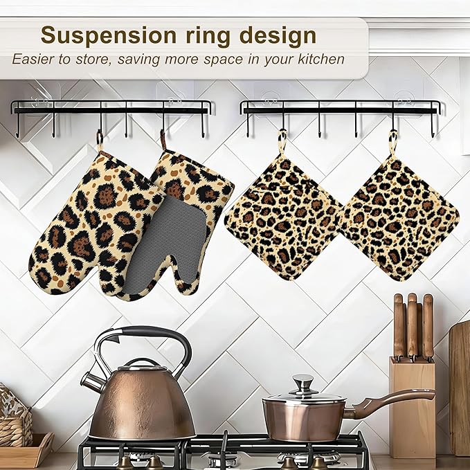 Leopard Print Oven Mitts and Pot Holders Sets of 4, Heat Resistant Silicone - Image 5