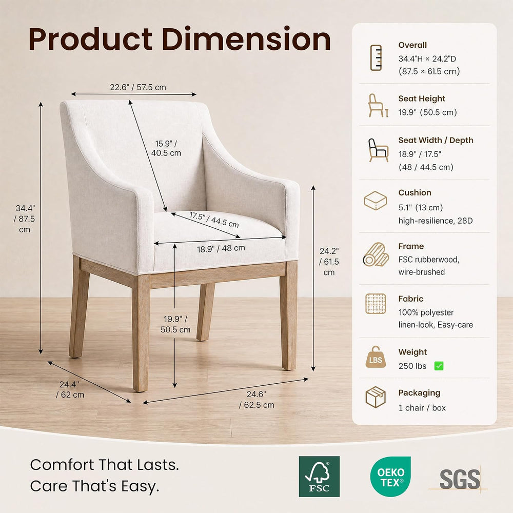 COLAMY Modern Upholstered Fabric Dining Armchair, Set of 1, White - Solid Rub...