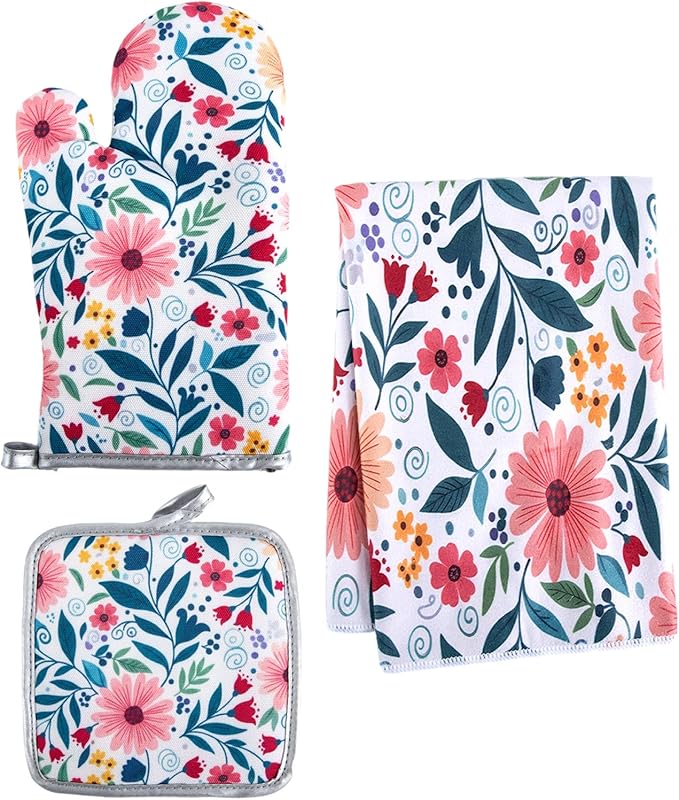 3 Piece Kitchen Towels and Oven Mitts Sets, Absorbent Microfiber Dish Towel by QEES
