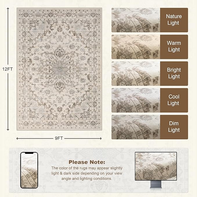 Area Rugs 9x12 Living Room Rug: Washable Rug Soft Vintage Distressed Floral - Image 2