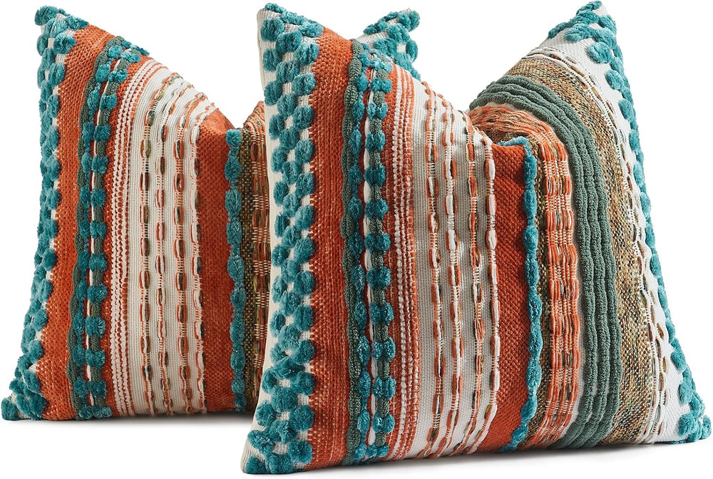 Set of 2 Chenille Tufted Striped Textured Boho Throw Pillow Covers Aesthetic ...