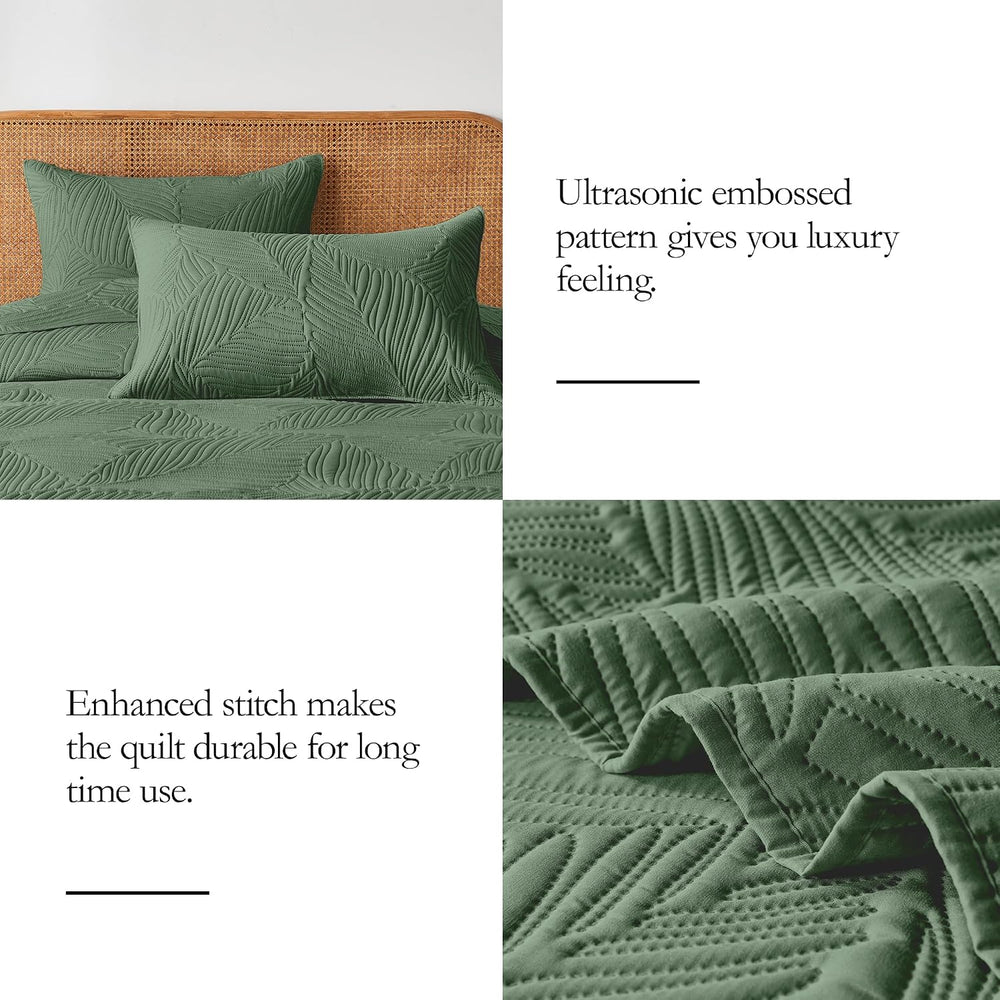 King Quilt Bedding Set Lightweight Soft Olive Green Bedspread Coverlet with L...