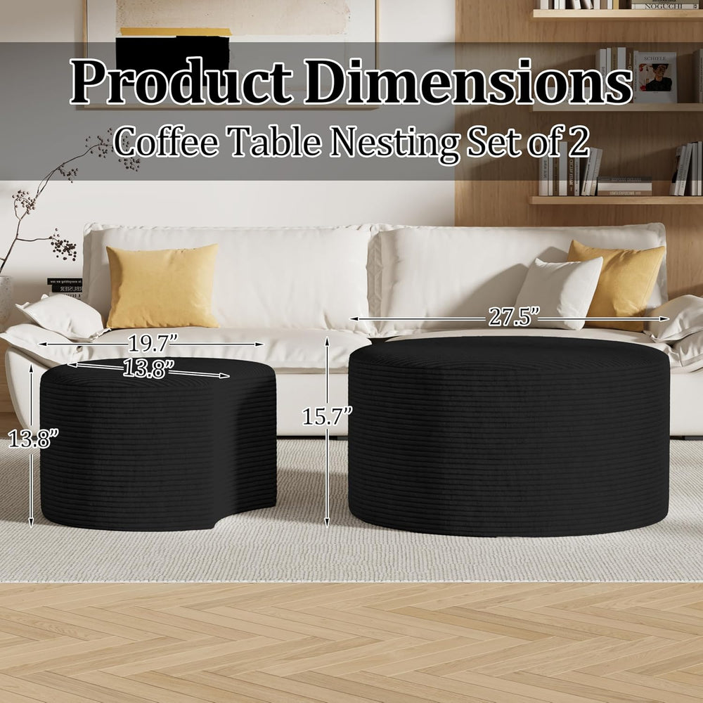 Round Nesting Coffee Table Set of 2,Upholstered Foam Ottoman Footrest Side Ta...