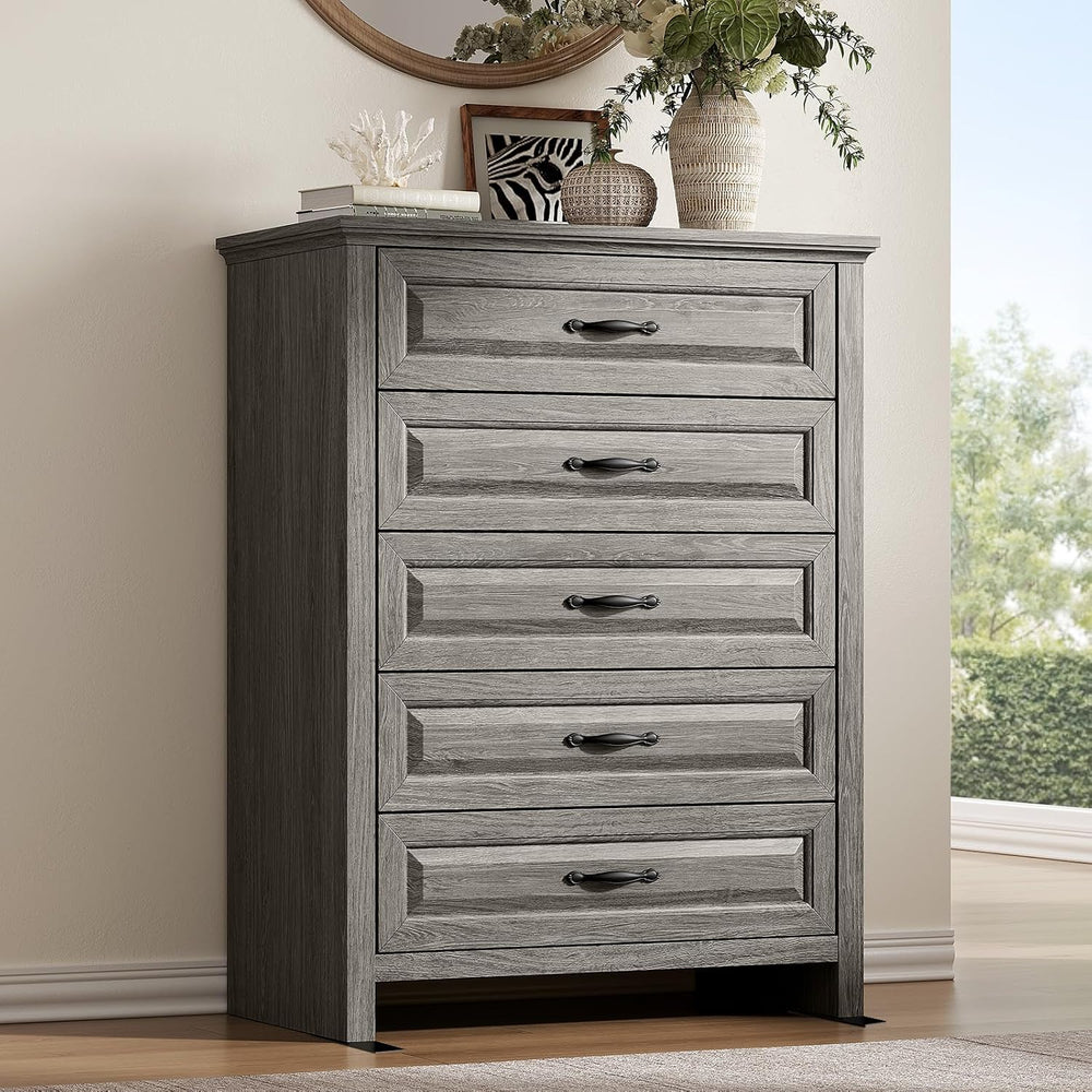 Amada Farmhouse 5 Drawer Dresser, Wood Dresser with Natural Texture, Gray