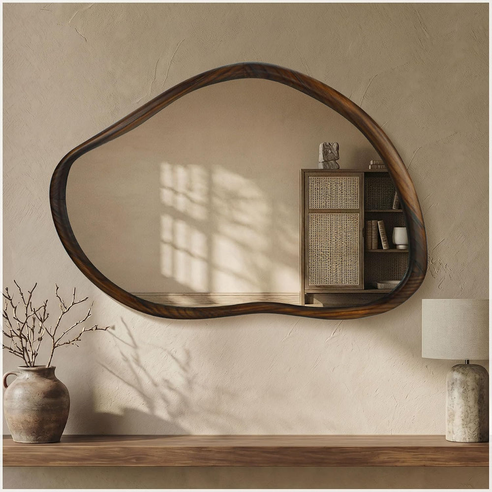 35"x24" Irregular Wood Asymmetrical Walnut Framed Mirror