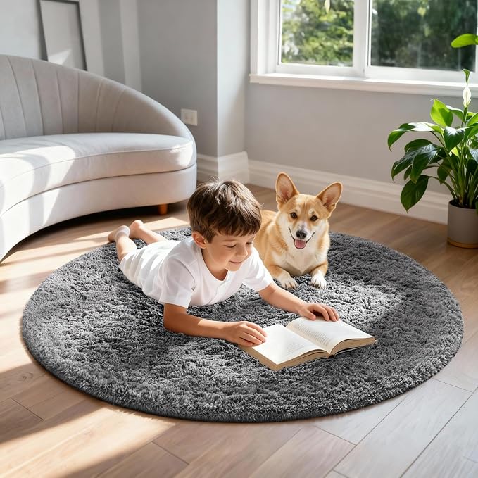 Ophanie Round Rug 4Ft Grey Circle Area Rugs, Fluffy Fuzzy Small Bedroom Carpet - Image 3