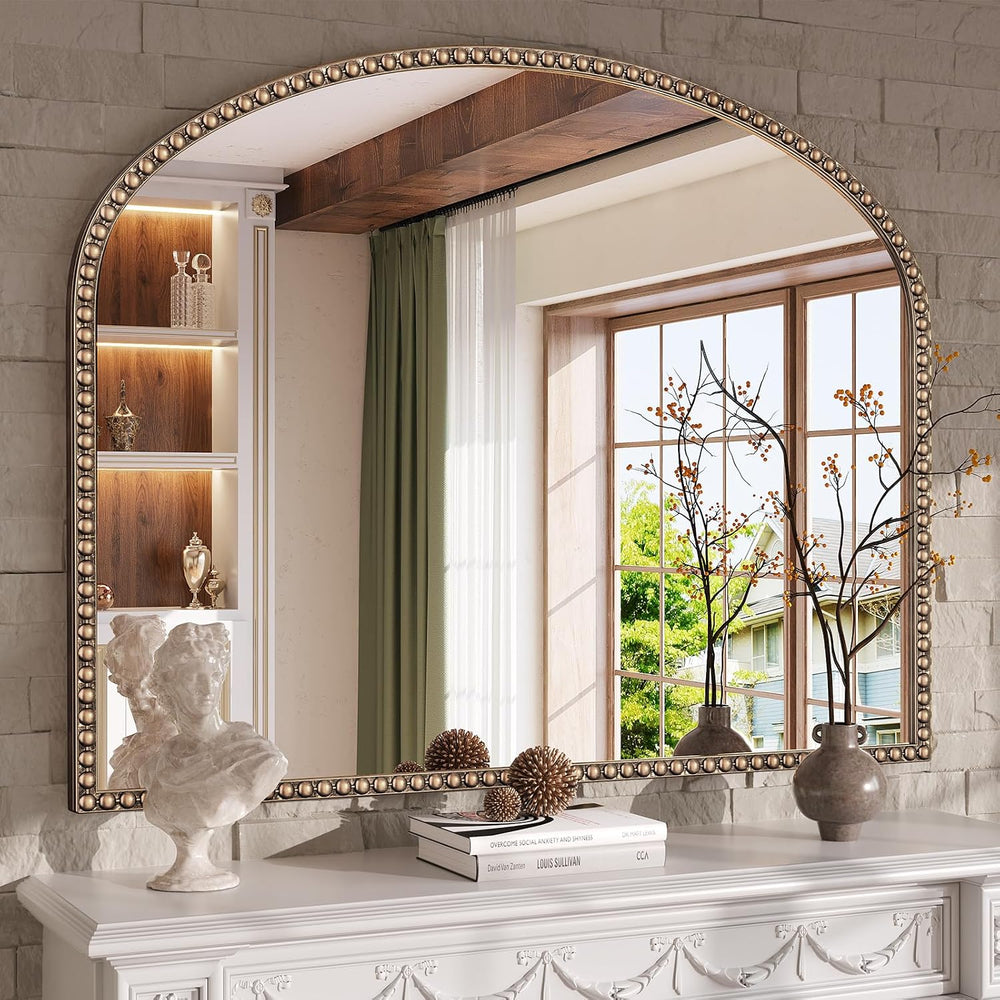 Arched Beaded Mirror for Bathroom,36"x28" Antique Glod Wall Mirror