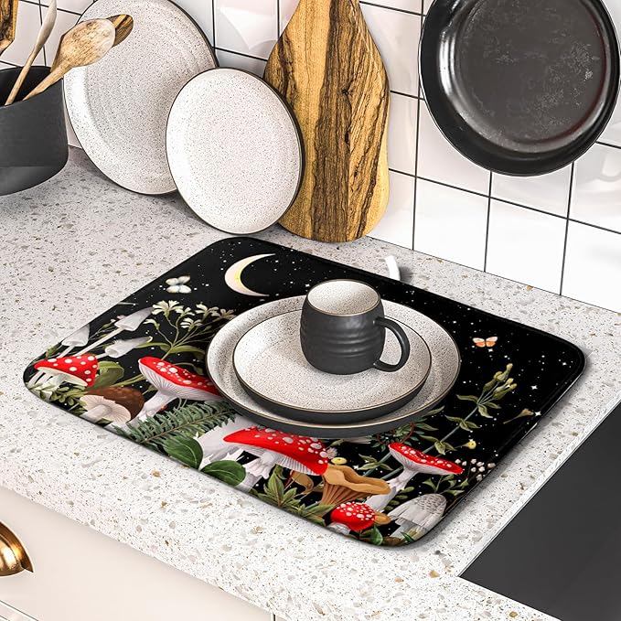 Red Mushroom Dish Drying Mat for Kitchen Counter Plant Leaves Drainer Mats Rack - Image 5