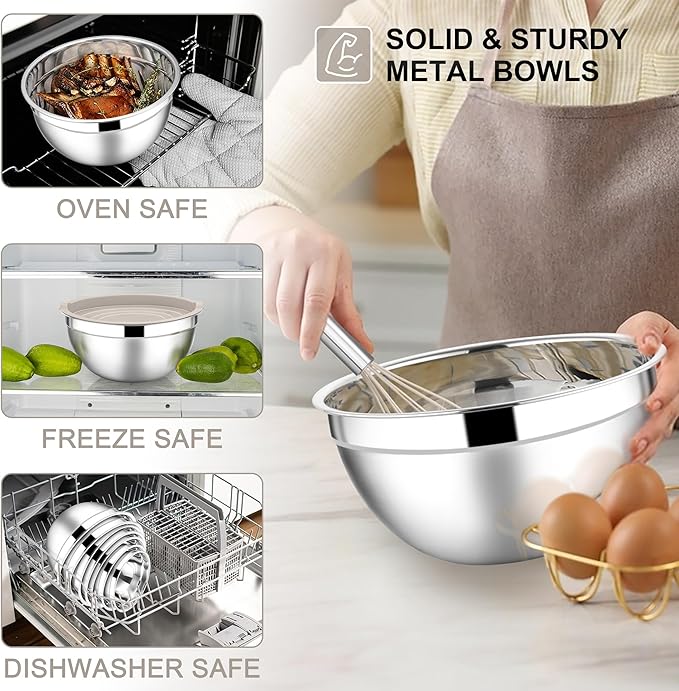 E-far Mixing Bowls with Lids Set, 7-Piece Stainless Steel Metal Mixing Bowls - Image 6