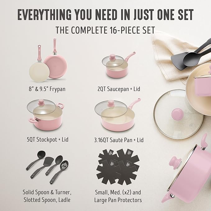 GreenLife 16-Piece Nonstick Cookware Set, Non-Toxic Ceramic Pots and Pans Set - Image 5