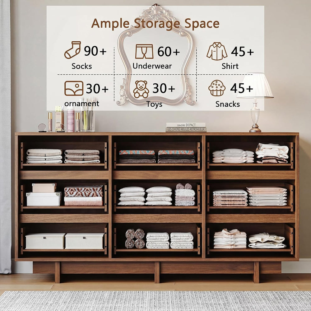 HOUROM 59in 9 Drawer Walnut Dresser for Bedroom, Modern Chest of Drawers