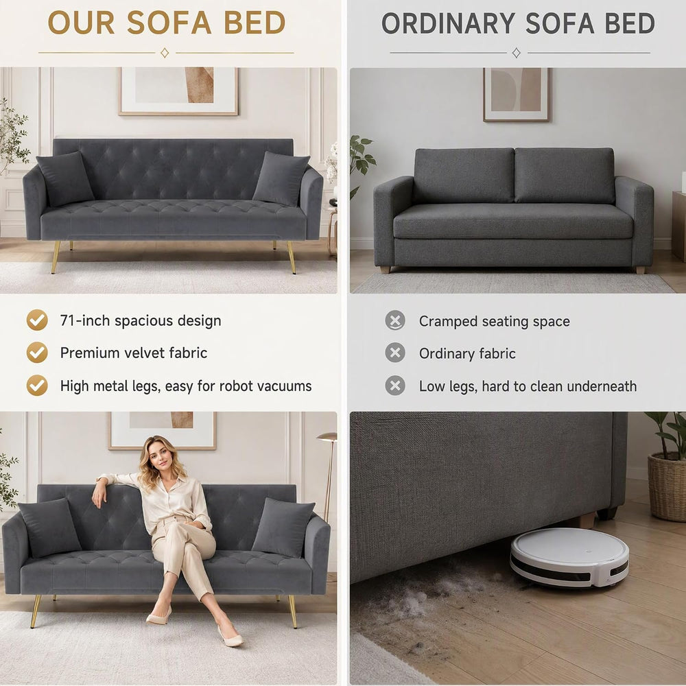 71" Gray Velvet Sofa Bed, Convertible Futon Couch, Adjustable Back