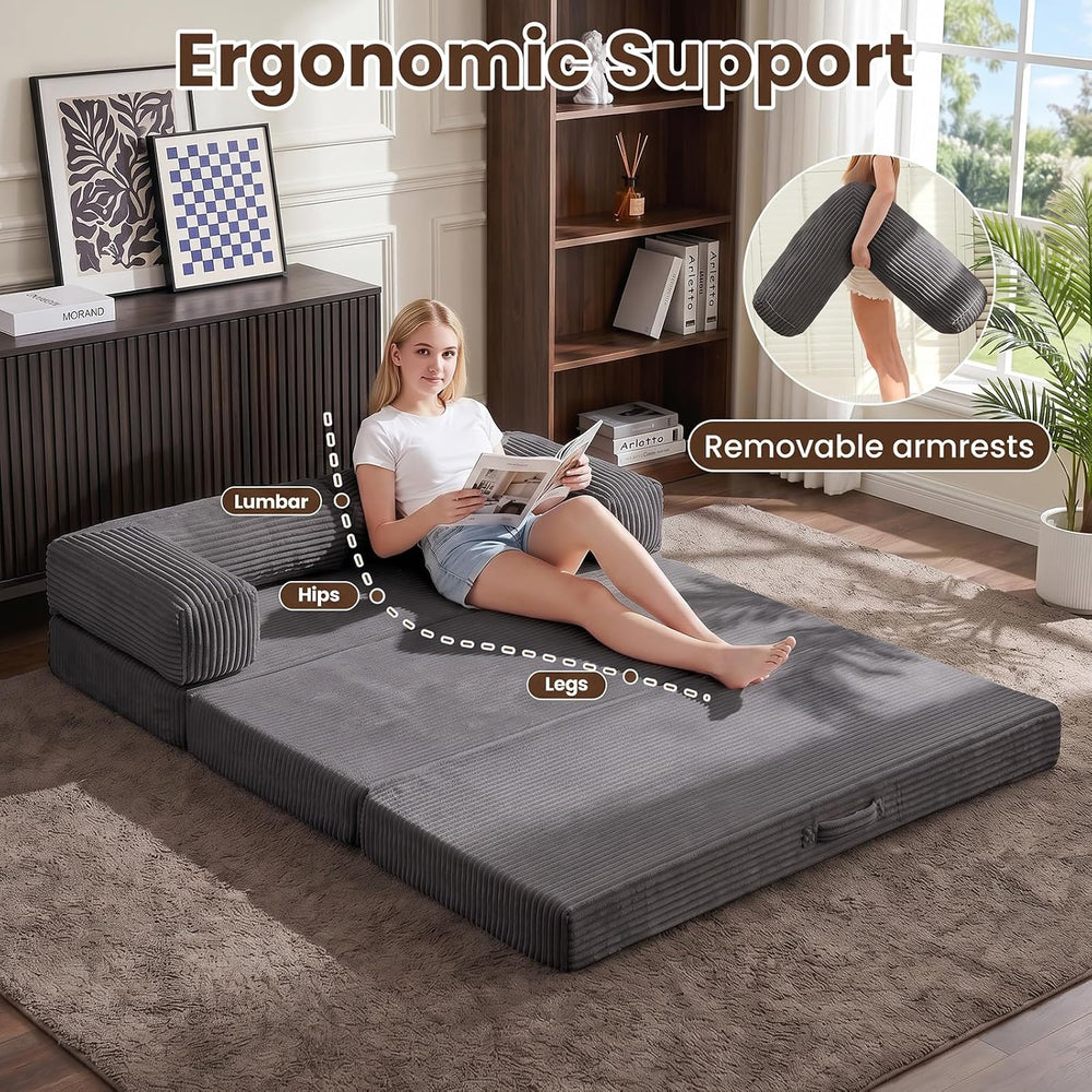 5-in-1 Convertible Sofa Bed,60" Boneless Couch with Pull Out Bed,Tri-Fol...