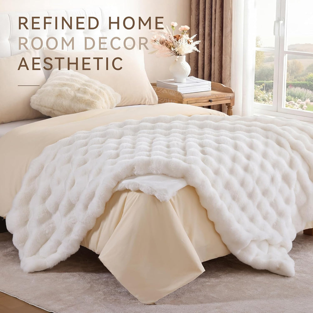 Smoofy Faux Rabbit Fur Throw for Couch - Cream White Bubble Blanket 50"x...
