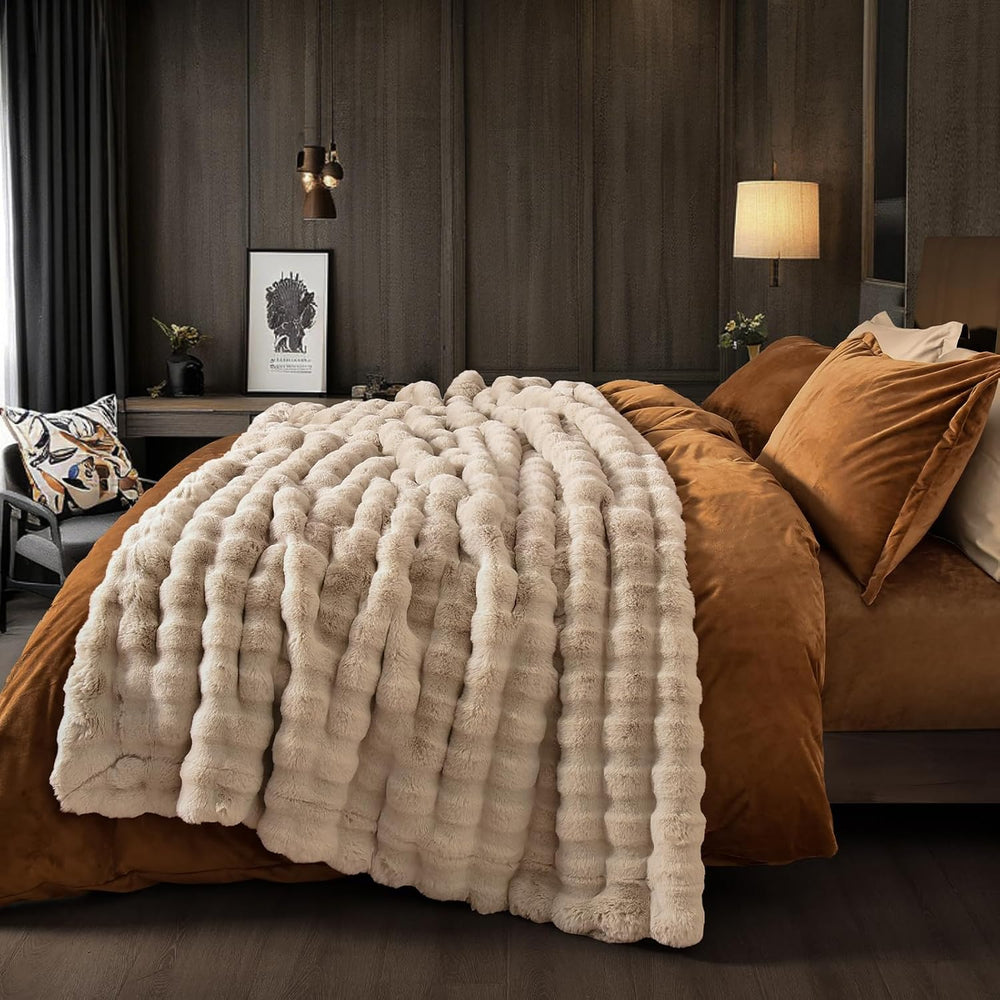 PHF Warm Faux Fur Throw Blanket, Ultra Soft Cozy, 50"x60", Oak