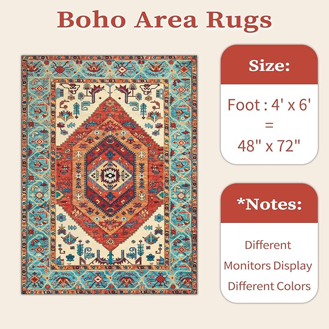 SERISSA 4x6 Boho Bedroom Rug, Washable Non Slip Vintage Orange Area Rugs - Image 6