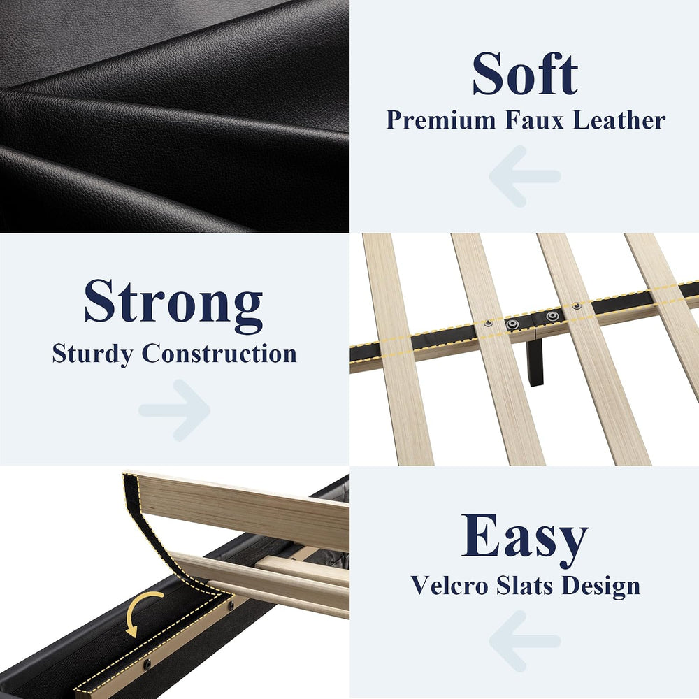 Allewie Full Size Faux Leather Bed Frame, Adjustable Headboard, Black
