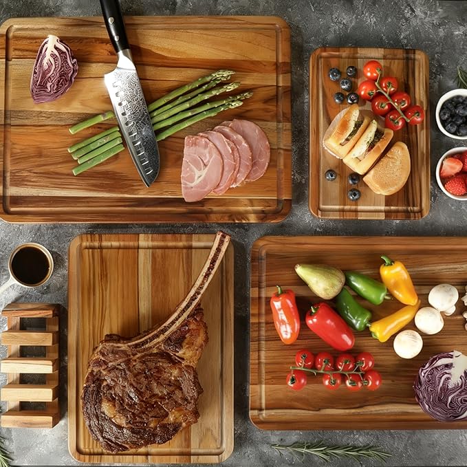 4 Pack Teak Cutting Board Set for Kitchen Wood Cutting Board Heavy Duty Non - Image 3