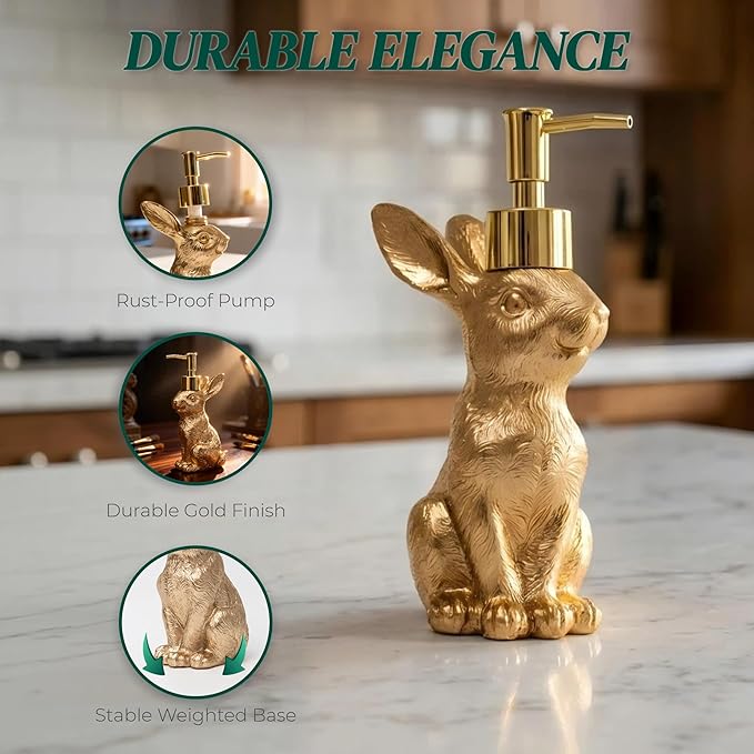 Gold Bunny Soap Dispenser Set of 2 – Vintage Rabbit Hand & Dish Soap Dispensers - Image 3