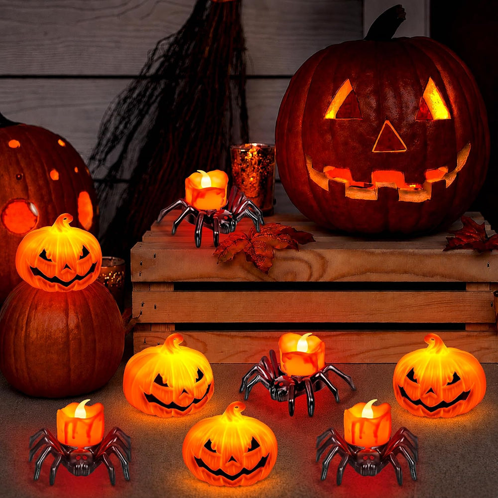 8 PCS Halloween Spider Pumpkin Candles, Battery Operated Halloween Tea Lights...