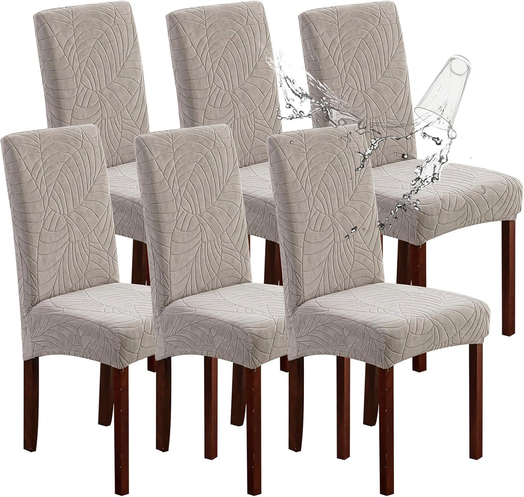 Waterproof Dining Chair Covers Set of 6 Parsons Chair Slipcovers | Double Waterproof Protection,Stretch Fit,Textured Jacquard Pattern,Machine Washable,Fits Large Parsons,Kitchen,Pet Friendly