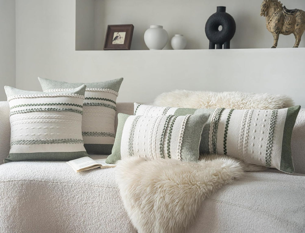 Cethom Boho Lumbar Pillow Covers 14x36 Inch Long, Green Textured Decorative C...