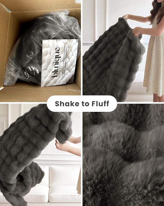 Ultra Soft Cozy Faux Fur Throw Blanket, Fuzzy Plush Thick Bubble Blanket