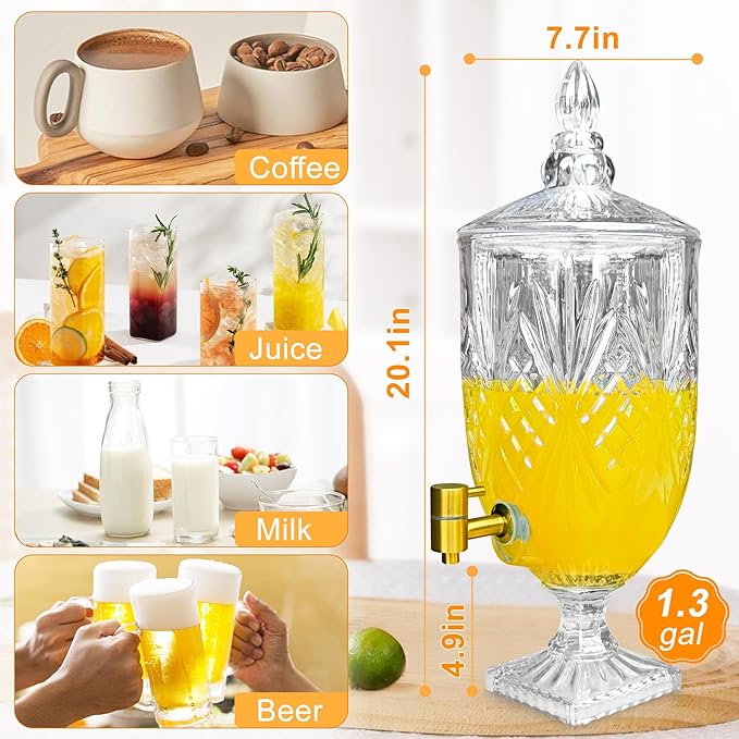 1.3 Gallon Glass Drink Dispenser, Glass Beverage Dispenser