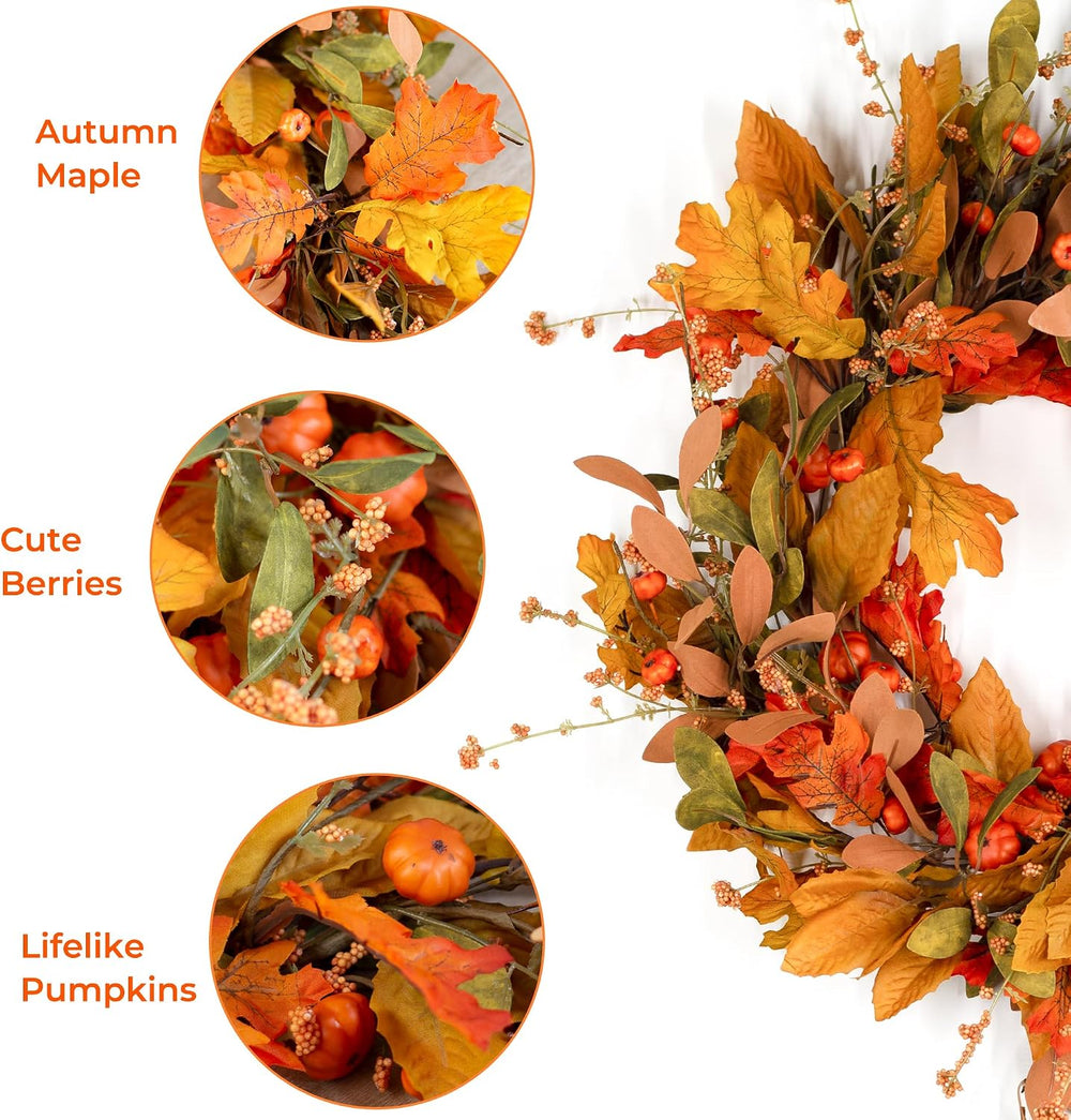 Fall Halloween Wreath for Front Door 24 inch Autumn Leaves Pumpkin