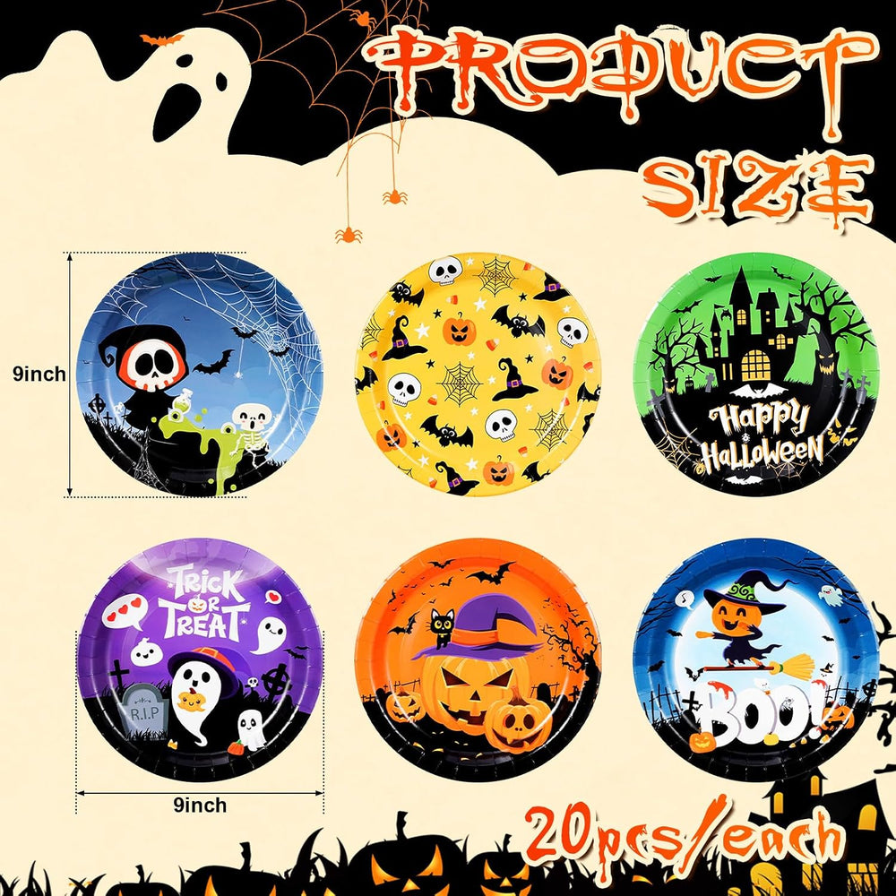 Uiifan 120 Pieces Halloween Round Paper Plates, 9 Inches