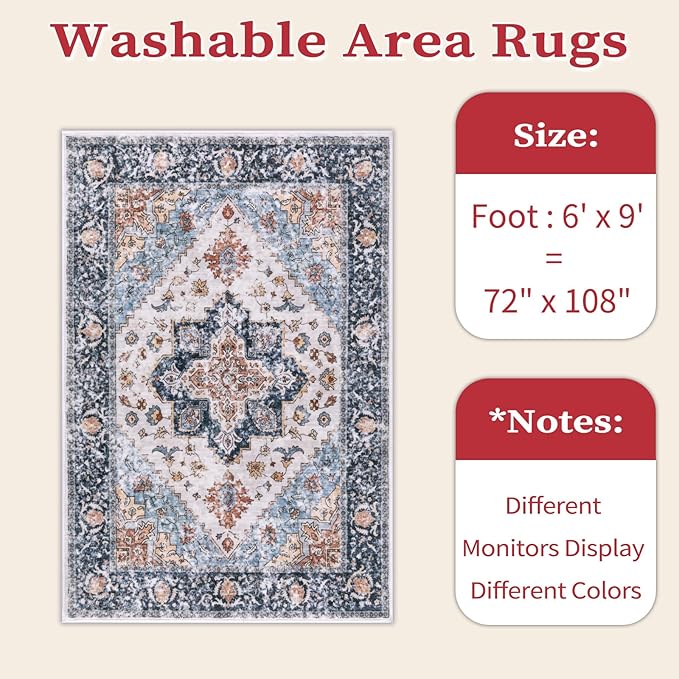 SERISSA Washable Rugs 6x9 Area Rugs, Large Non-Slip Boho Living Room Blue - Image 6