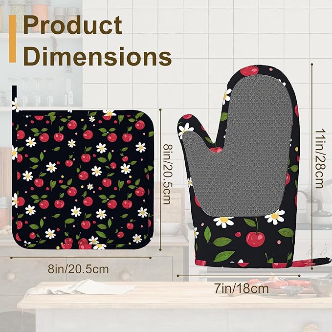 Cherry Oven Mitts and Pot Holders Sets of 4, Heat Resistant Daisy Floral - Image 2