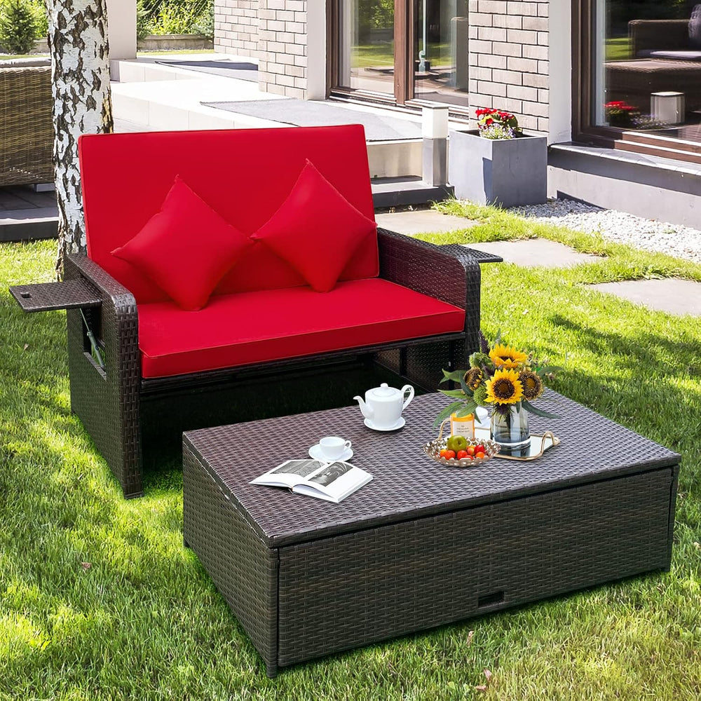 Tangkula Patio Rattan Daybed with 4-Level Adjustable Backrest, Red Cushion