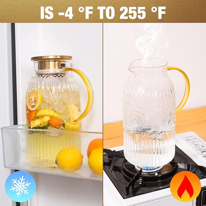 Amzcku Glass Pitcher with Lid, 68 oz/ 2 Liter 2Pack Vintage Water Pitcher