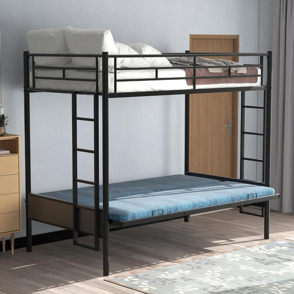Polibi Twin Over Full Metal Bunk Bed with Two Side Ladders and Guardrail, Bot...