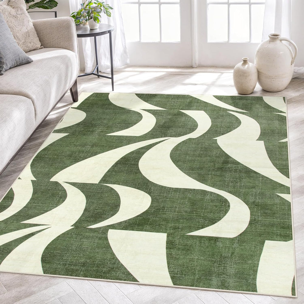 Lahome Abstract 5x7 Rug,Low-Pile Soft Green Rugs for Living Room,Retro Swirl ...