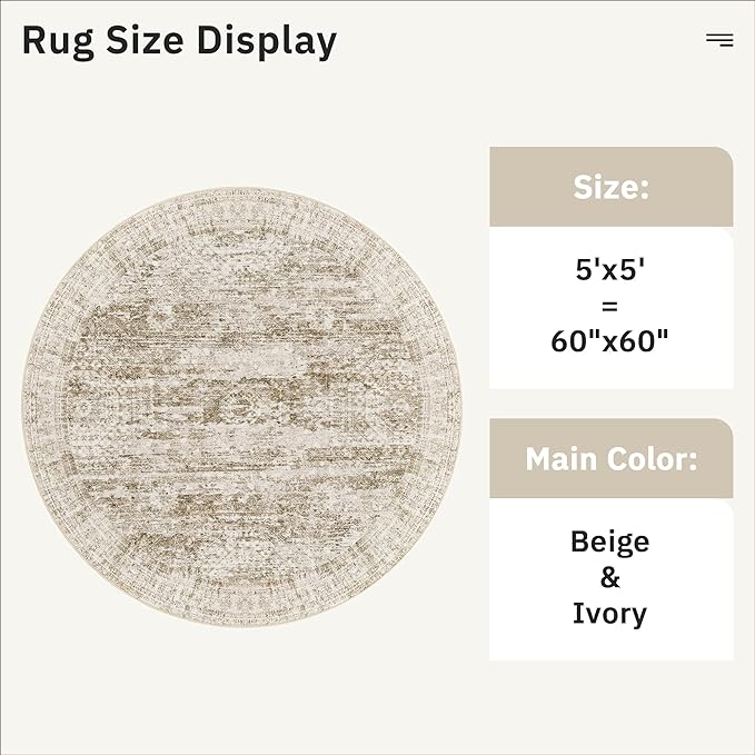 Soalmost 5x5 Brown Round Rug 5ft Living Room Circle Rug Vintage Round Area Rug - Image 5