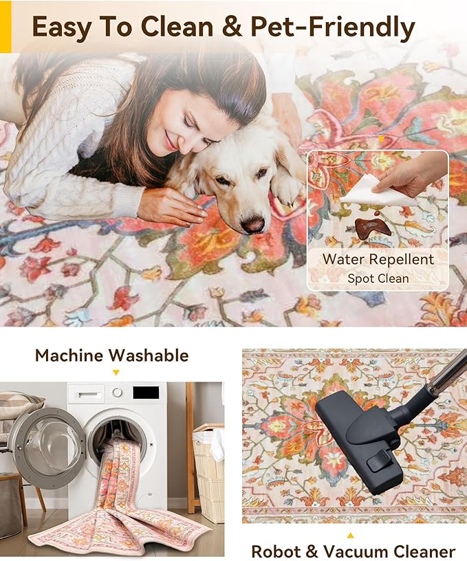 Area Rugs 3'x5' Washable Non-Slip, Floral Vintage Distress Print Pattern - Image 4