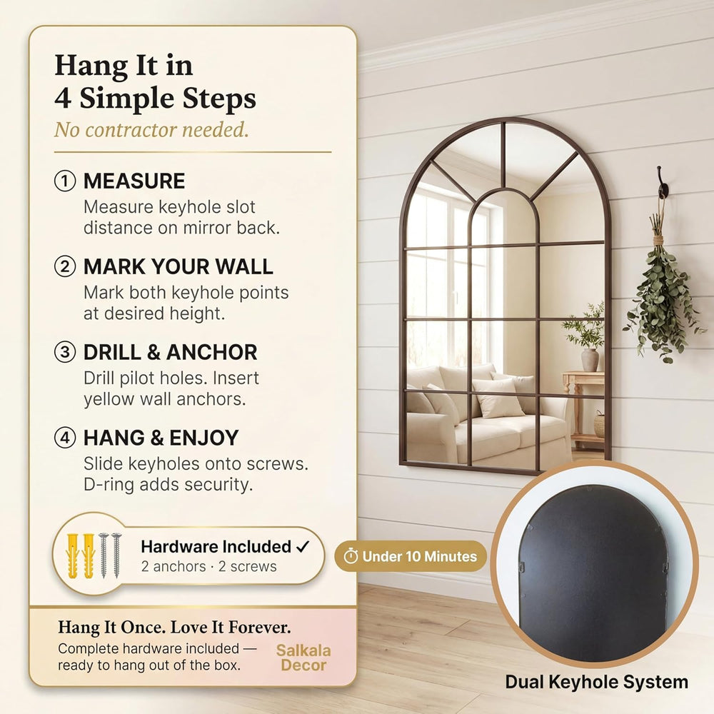 Black Arched Window Mirror | Farmhouse Decorative Wall Mirrors for Living Roo...