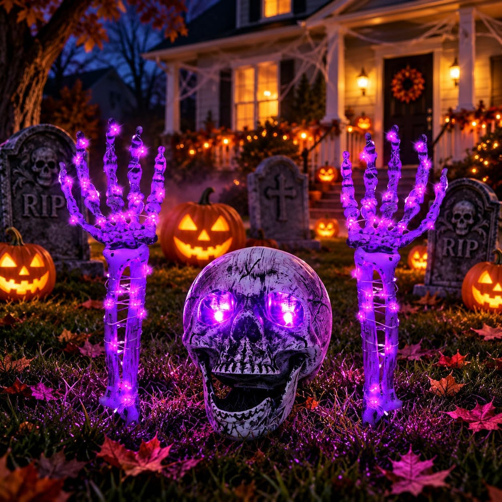 Halloween Skeleton Decorations Outdoor, Light Up Skull Head & Skeleton Ha...