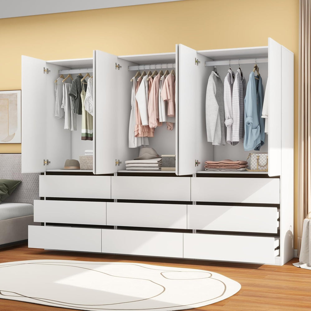 White Armoire Wardrobe Closet with 9 Drawers: 75" H x 95" W