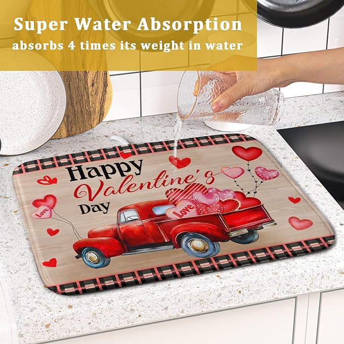 Valentine's Day Truck Dish Drying Mat 16x18 inch Love Heart Washable Absorbent - Image 7