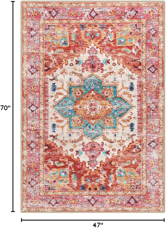 Yamaziot Washable Area Rug, 4x6 Non-Slip Boho Vintage Living Room Bedroom Rug - Image 2