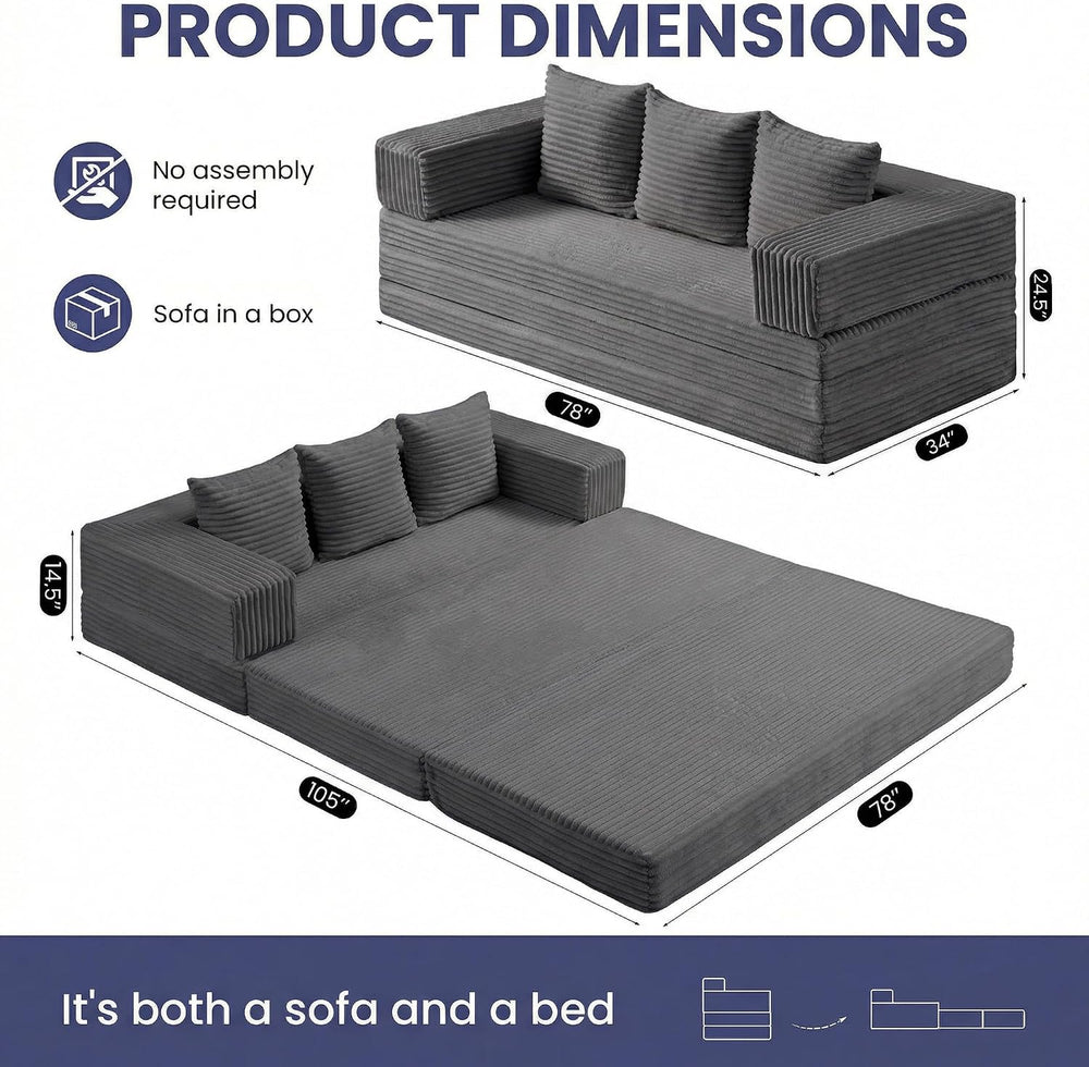 Convertible Sofa Bed Couch, 78’’ Oversized 4-in-1 Boneless Couches with Remov...
