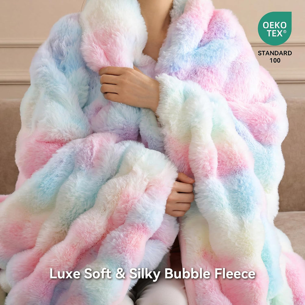 Faux Rabbit Fur Throw for Couch - Rainbow Bubble Blanket 50"x60"