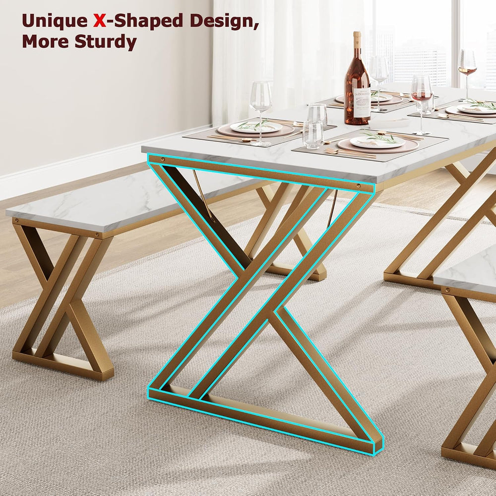 GarveeHome Kitchen Table with 2 Benches, Dining Table Set for 4 | Unique X-Sh...