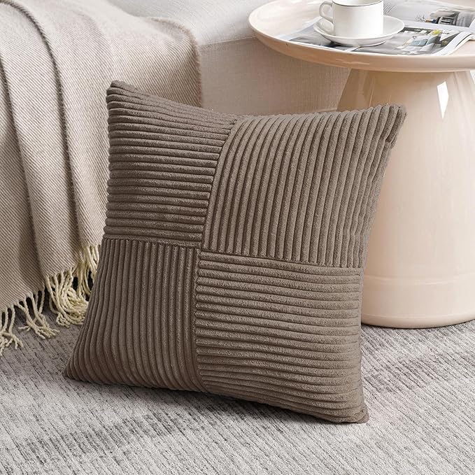 Fancy Homi Set of 2, Light Brown Patchwork Corduroy Decorative Soft Striped - Image 2