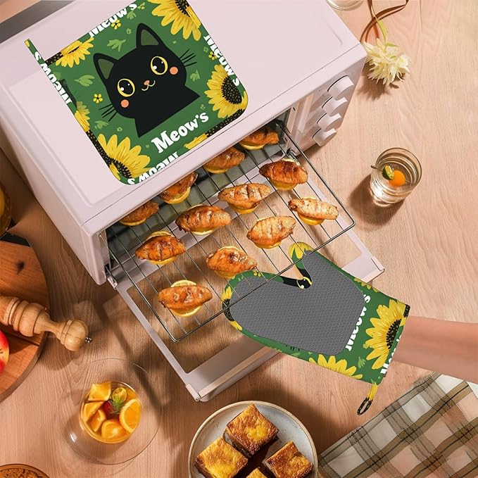 Black Cat Oven Mitts and Pot Holders Sets Cartoon Sunflower Silicone Heat - Image 5